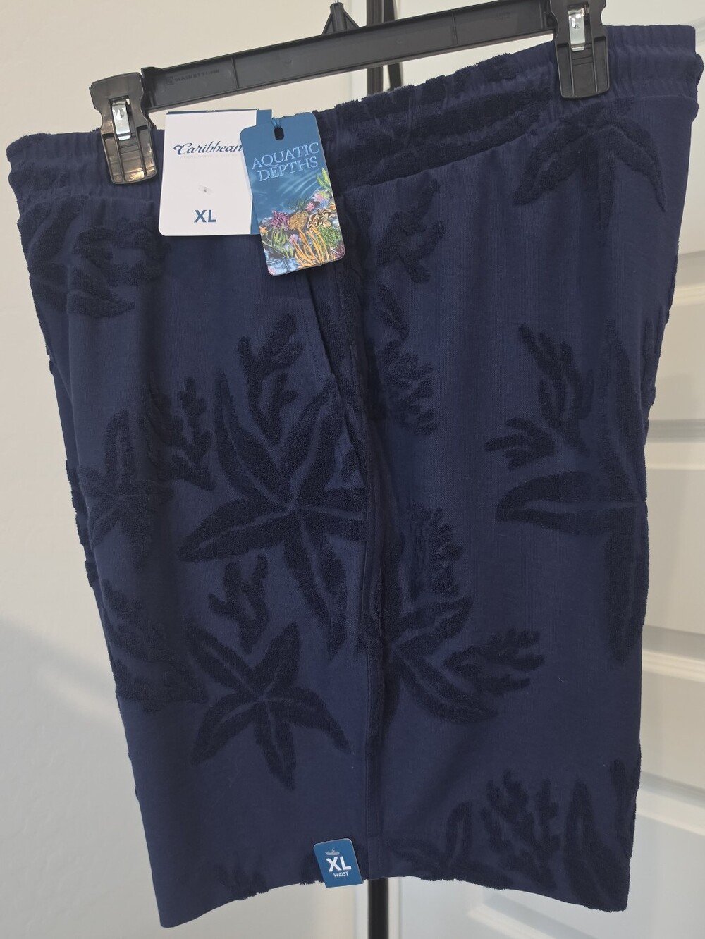 NWT Caribbean Men Terry Cloth 7" Inseam Shorts Navy Blue Tropical Hybrid Sz XL